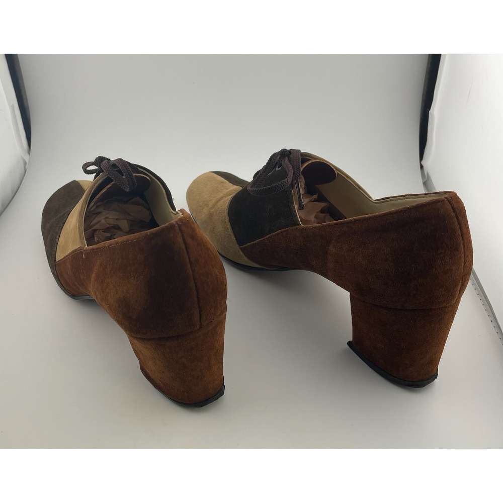 Vintage 60s Hush Puppies Colorblock Suede Mod Heels Lace Up Brown 8M pumps - Picture 7 of 16